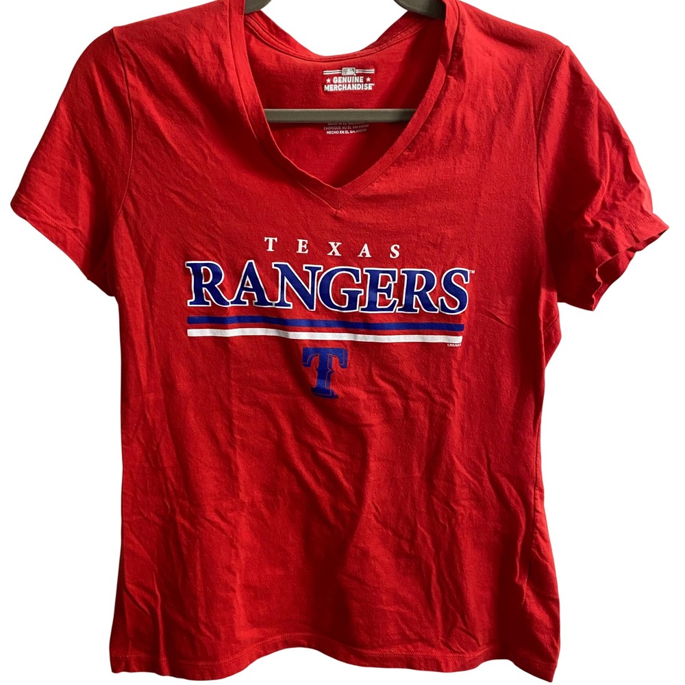 MLB Texas Rangers Womens Red V-Neck Graphic T-Shirt Medium Style 2940